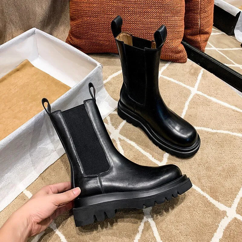 Women Thick Platform Block Heels Leather Work Safety Shoes