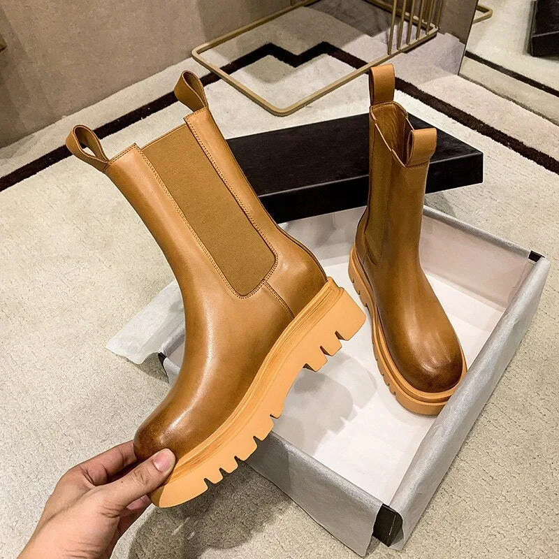 Women Thick Platform Block Heels Leather Work Safety Shoes