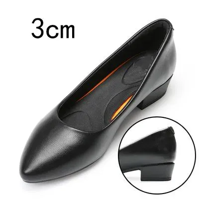 Women's Black Leather Work Shoes Round Toe Pumps Thick Heels Soft Sole Professional Non-Slip Work Shoes