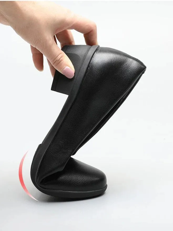 Women's Black Leather Work Shoes Round Toe Pumps Thick Heels Soft Sole Professional Non-Slip Work Shoes