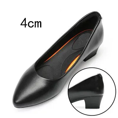 Women's Black Leather Work Shoes Round Toe Pumps Thick Heels Soft Sole Professional Non-Slip Work Shoes