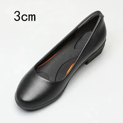 Women's Black Leather Work Shoes Round Toe Pumps Thick Heels Soft Sole Professional Non-Slip Work Shoes