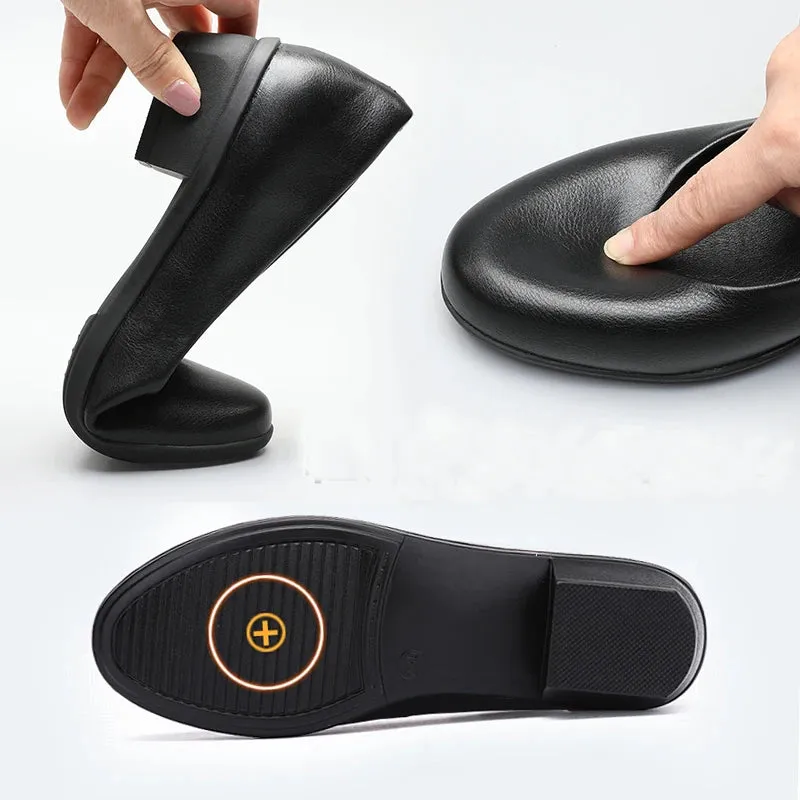 Women's Black Leather Work Shoes Round Toe Pumps Thick Heels Soft Sole Professional Non-Slip Work Shoes