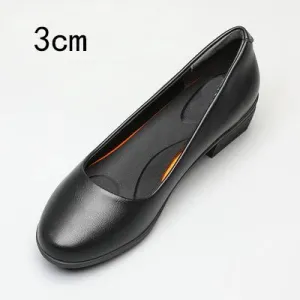 Women's Black Leather Work Shoes Round Toe Pumps Thick Heels Soft Sole Professional Non-Slip Work Shoes